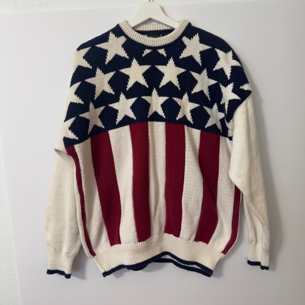 Vintage Structure American Flag Sweater Mens Large Red White Blue USA Americana